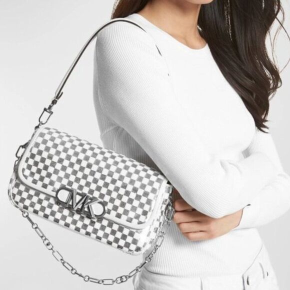 HTF MICHAEL KORS PARKER CHECK SILVER POUCHETTE CONVERTIBLE SHOULDER BAG NWT - Picture 1 of 13